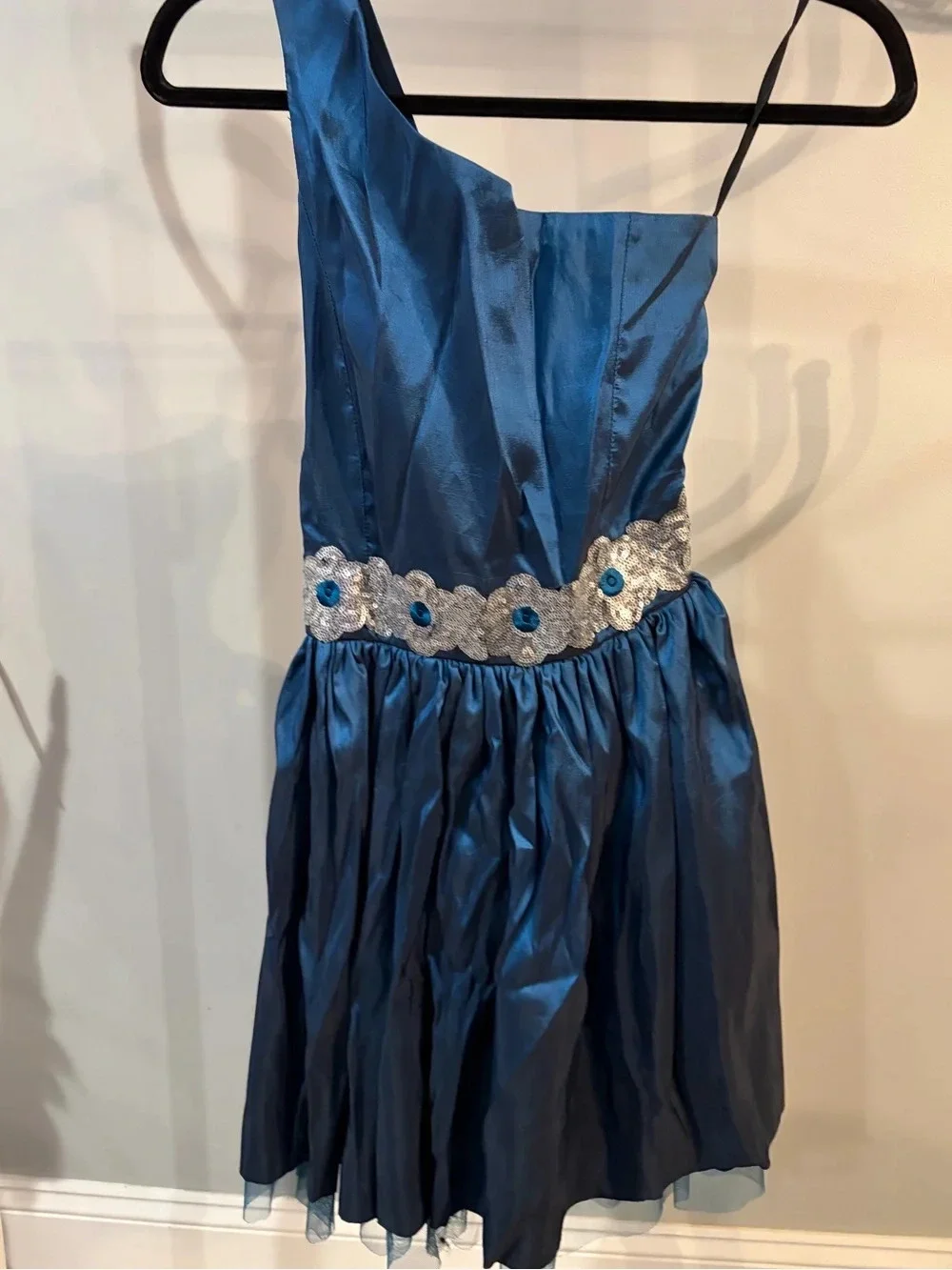 Girls' One-Shoulder Blue Formal Dress with Embellished Waist 10-14
